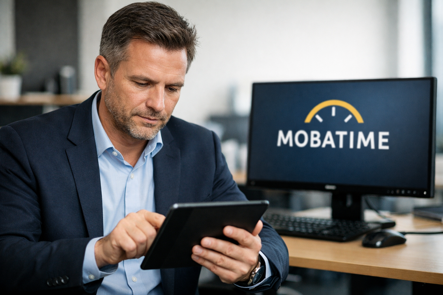 photographic Motiv Abteilungsleiter oder Fhrdaungsperson mit Tablet oder zweitem Bildschirm  fokussierte Haltung professionelles Umfeld Der Abteilungs-1