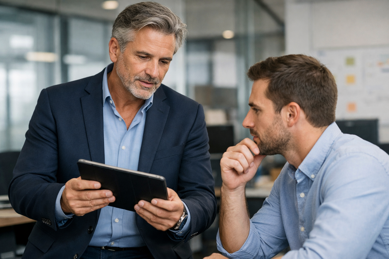 photographic MotivVorgesetzter bespricht mit Mitarbeiter ein Problem Der Vorgesetzte hlt ein Tablet in der Hand  fokussierte Haltung professionelles U-2
