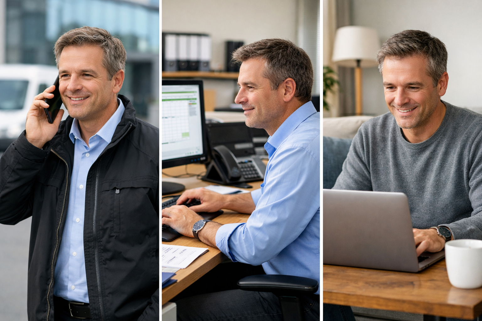 photographic Splitbild mit verschiedenen professionellen Szenen eines administrativen MitarbeitendenArbeit im Aussendienst  mit Handy in der HandArbei