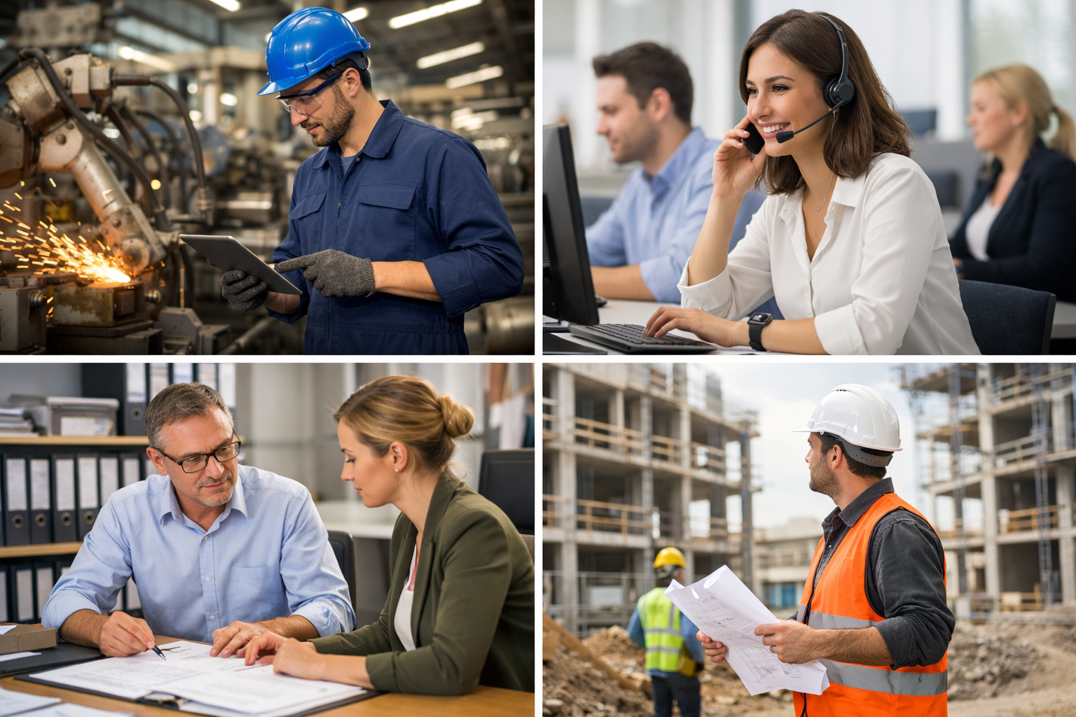 photographic Splitbild soll alle 4 Branchen zeigen Industrie im Dienstleistungssektor in der ffentlichen Verwaltung im Bauwesen ohne Kravatte professi-2